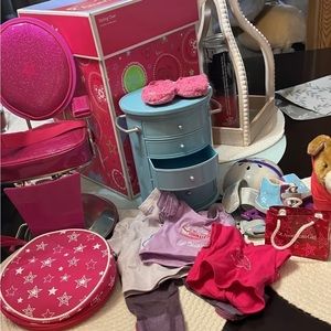 American girl styling chair , cabinet , doggie sweater , clothes , misc